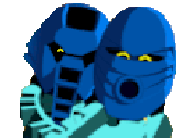 Image: Two Bionicle characters, Macku and Kotu, hugging. They are both small, blue, and robot-like, with mechanical masks over their faces.