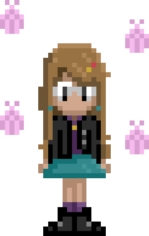Pixel art of Emily. She is a white woman wearing a black jacket and a teal skirt with long blonde hair. Four seashells are floating behind her.