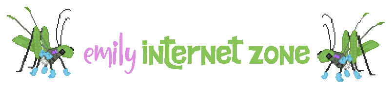 Image. Two grasshoppers bounce on either side of stylized text that reads 'emily internet zone'.
