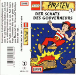Image. Cover art for 'Der Schatz des Gouverneurs.' Will is flung away from a treasure chest as it explodes, sending gold coins flying. Spinoza the monkey flees, startled.