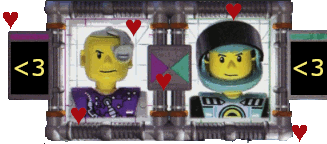Console with images of Sammy and Nick. In place of their score counts are hearts, and smaller hearts float around the entire image.