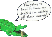 Image: A lego crocodile with a sword in its mouth. It has a speech bubble that reads 'I'm going to hear it from my dentist for eating all these swords!' Click to visit the Lego Realm page.