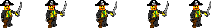 A cartoon image of Captain Roger, a Lego pirate in a black coat and green undershirt. He wears a bicorn hat and one hand is a hook. One leg is a peg leg. Roger is animated and swinging his arms up and down. This image of Roger is repeated five times above the video, and five more times below it. Right now you're on the upper Roger row.