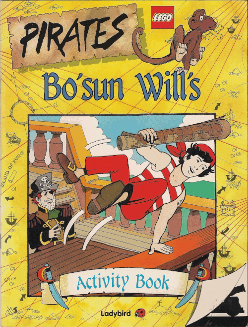 Image. Cover art for 'Bo'sun Will's Activity Book.' Will leaps over a banister on the ship, holding a treasure map. Roger watches him with a proud expression.