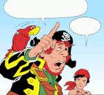 Image. Panel from 'The Island of Fogs.' Captain Roger speaks with a silly, faux-serious expression, finger raised and waggling. Will looks at him incredulously.