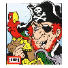 Image: Cartoon drawing of the devillish Captain Roger. He has a black bicorn hat, an eyepatch, and a bright red beard. Click to view the Lego Pirates page.