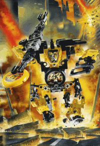 Image. Blaster Slizer running through an exploding city. Blaster is a burly but compact robot in black and yellow. Its face is a fusion of that of Judge Slizer and Jungle Slizer. In one arm it carries a trident with a disk launcher on either end. In the other, it holds a laser gun.