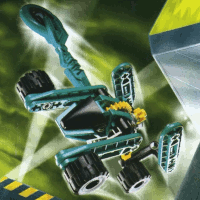 Image. City Slizer flying through a greenish, high-tech city. City Slizer is a compact, black, teal and yellow robot with an elongated head and a wheel at the end of each of its limbs. An additional fifth limb acts as its flinger arm, wielding a disc. A small gear sticks out of its back.