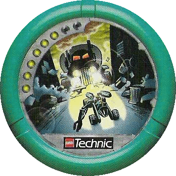 Image. City Slizer Disc, power level 6. The art on this disc depicts City Slizer in the headlights of a massive semi truck with evil eyes. The semi is barreling towards the Slizer down an alleyway. Trash cans and debris fly about wildly to the sides.