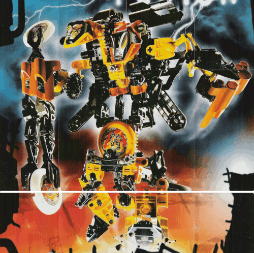 Image. Dynamo Slizer stepping through some rubble. It is extremely tall, leering downward with two heads. Black, yellow, and orange, it weilds a weapon with three disk shooters. Its other arm holds a laser gun.