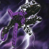 Image. Energy Slizer gliding through a hazy storm, lightning dancing off of it. Energy Slizer is a compact, black and purple robot with an elongated head. It is built like a fly, with two purple wings and four insectoid legs. Its tail, trailing behind it, is a flinger clutching a disc.