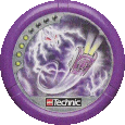 Image. Energy Slizer Disc, power level 4. The art on this disc depicts Energy Slizer's rectangular flying ship soaring through a purple sky, pursued by a creature made of lightning.