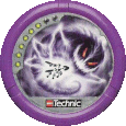 Image. Energy Slizer Disc, power level 6. The art on this disc depicts Energy Slizer in the clutches of the grinning proton monster. The proton monster is a purple cloud with evil red eyes, possessing six strands of electricity that act as limbs.
