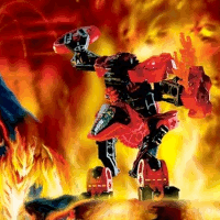Image. Fire Slizer confronting a fire monster in a burning volcano. Fire Slizer is a compact, red and black robot with an elongated head sticking out of its torso and a large gear underneath. It carries a disc in its flinger arm and a flame-thrower in the other. The fire monster is composed entirely of flame, with dark spots in its shape forming an impish face.