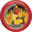 Image. Fire Slizer Disc, power level 4. The art on this disc depicts Fire Slizer's rectangular flying ship soaring over an explosion of lava.