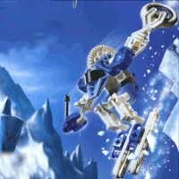 Image. Ice Slizer skiing down a steep slope. Ice Slizer is a compact, white and blue robot with an elongated head and a cool black visor over its eyes. A large gear sticks out of its back. It carries a disc in its flinger arm and a ski pole for guiding its descent in the other. A devious face sticks out of the living cliff face behind Ice Slizer.
