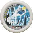 Image. Ice Slizer Disc, power level 4. The art on this disc depicts Ice Slizer's rectangular flying ship soaring through a frozen cavern filled with stalagtites.