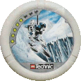 Image. Ice Slizer Disc, power level 5. The art on this disc depicts Ice Slizer skiing down a steep slope toward a chasm filled with giant ice spikes.