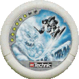 Image. Ice Slizer Disc, power level 6. The art on this disc depicts Ice Slizer skiing dramatically off a jump and into the air, as it is pursued by an avalanche with a monstrous face on it.