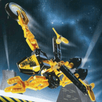 Image. Judge Slizer flying over the Slizer Dome underneath the stars. Bright spotlights shine from towers in the background. Judge Slizer is a compact, yellow and black robot with an elongated head and two propellers on its back. Both of its arms are flingers, and one is holding a disc.
