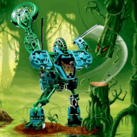 Image. Jungle Slizer standing on a spit of land in a bright green swamp, slicing a tree with a face on it in two. Jungle Slizer is a compact, green and teal robot with an elongated head and an antenna fastened to its back. A large gear sticks out of its back. It holds a disc in its flinger arm, and a machete in the other. It is using the machete to cleave a strange green tree in two. The tree's branches are clawlike, and a hollow in it forms a grotesque mouth, above which glint red eyes.