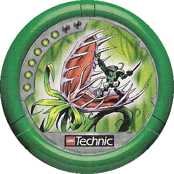Image. Jungle Slizer Disc, power level 6. The art on this disc depicts Jungle Slizer in the maw of a giant venus fly trap. It is holding the upper jaw open with one hand and readying to strike with its machete.