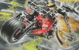 Image. Millenium Slizer in its bike configuration. It is a compact, grey and gold robot with two great wings. Both of its arms shoot disks. It is mounted on a bright red motorcycle, which it is driving through a city.