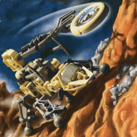 Image. Rock Slizer tossing a disc as it scales a rocky cliff. Rock Slizer is a compact, tan and grey robot with an elongated head. It is built like a scorpion, with four legs and a flinger tail that is throwing the disc. Mounted on its back are two small pickaxes.