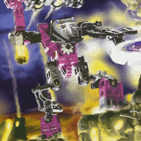 Image. Spark Slizer standing in a ruined city. It is a compact, purple and black robot with an elongated head. A small gear portrudes from its back. One arm is a disk shooter, the other holds a laser gun.