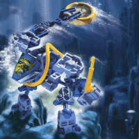 Image. Sub Slizer standing on the sea bed. Sub Slizer is a compact, blue and yellow robot with an elongated head and an oxygen tube attached to its mouth. A small gear sticks out of its back. It carries a disc in its flinger arm, and a harpoon in the other.