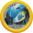Image. Sub Slizer Disc, power level 4. The art on this disc depicts Sub Slizer's rectangular flying ship soaring through an undersea trench. Above it, a shark-like creature swims ominously.