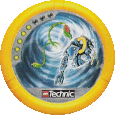 Image. Sub Slizer Disc, power level 5. The art on this disc depicts Sub Slizer in the midst of a whirlpool, transformed into its mini-sub mode. at the center of the vortex are two long, thin green tentacles with bulbous suction cup ends.