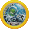 Image. Sub Slizer Disc, power level 6. The art on this disc depicts Sub Slizer confronting a giant mutant gobbler. the gobbler looks like a blue jellyfish, with its transparent head containing a glowing green brain.