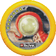 Image. Sub Slizer Disc, power level 7. The art on this disc depicts Sub Slizer's energy source: a circular pearl clutched tight by the orange tentacle of a cephalopod.