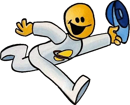Image. Cartoon drawing of Jim Spaceborn. Jim is a kid in a white jumpsuit and blue baseball cap. He is in a running motion, smiling happily at the viewer.