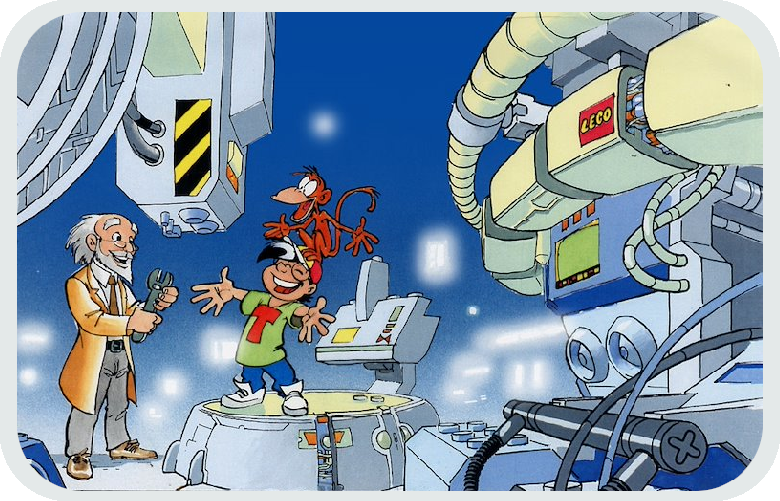 Cartoon art of Dr. Cyber, Tim, and Ingo the monkey standing by a stationary time machine in a lab.