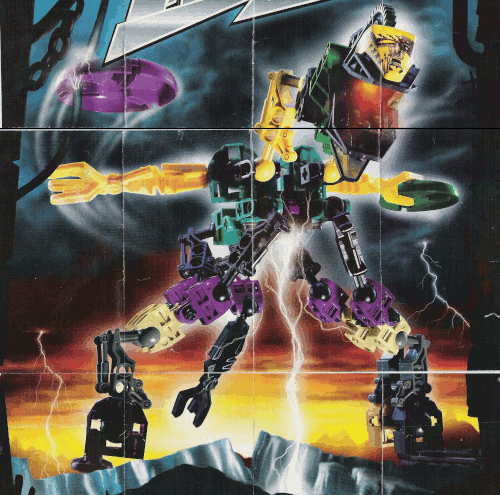 Image. Mega Slizer. A tall, patchwork robot built like a dinosaur.