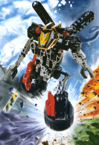 Image. Millenium Slizer in its giant configuration. It is tall and lanky, a mix of gold, grey, and red. Two smaller winglets still stick out of its back. It is shown in a non-literal moment, stepping upon the Slizer Dome. The seven continents spread out in all directions underneath its foot.