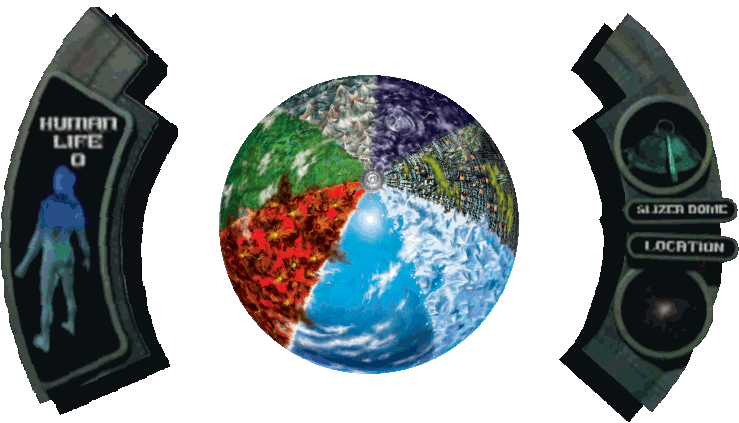 An image of Planet Slizer. It is split into 7 colorful continents equally, like pizza slices. The image is flanked by two curved consoles. One has a 3D render of a human and text output reading 'Human life: 0.' The other has an image of a metallic arena labelled 'Slizer Dome.' It also has a view of the distant galaxy Planet Slizer is located in.