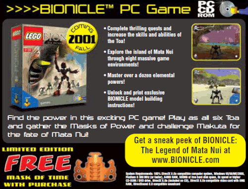 Image. Print ad for The Legend of Mata Nui PC game. The relevant text is excerpted below.
