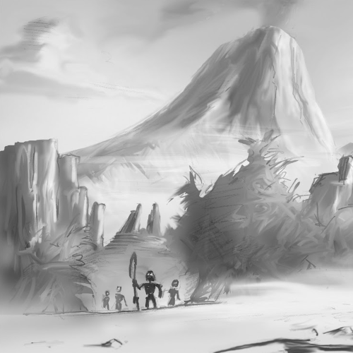 Image. Black and white sketch of 'primitive' looking islanders peering out at the viewer from a dense jungle. A giant volcano looms in the background.