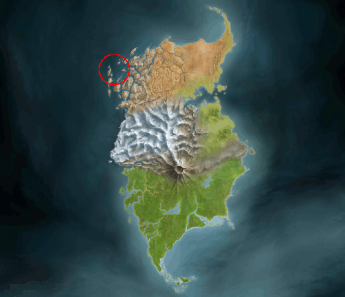 Image: Map view of the whole island. The location of the reef is circled in red, up at the very top-left, in the area on the island you would associate with the top of the head.